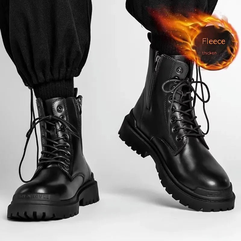 Men's black mid-top waterproof PU leather boots with a flat rubber sole.