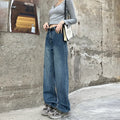 Women's retro blue high-waisted straight-leg jeans on a hanger, showing front detail.