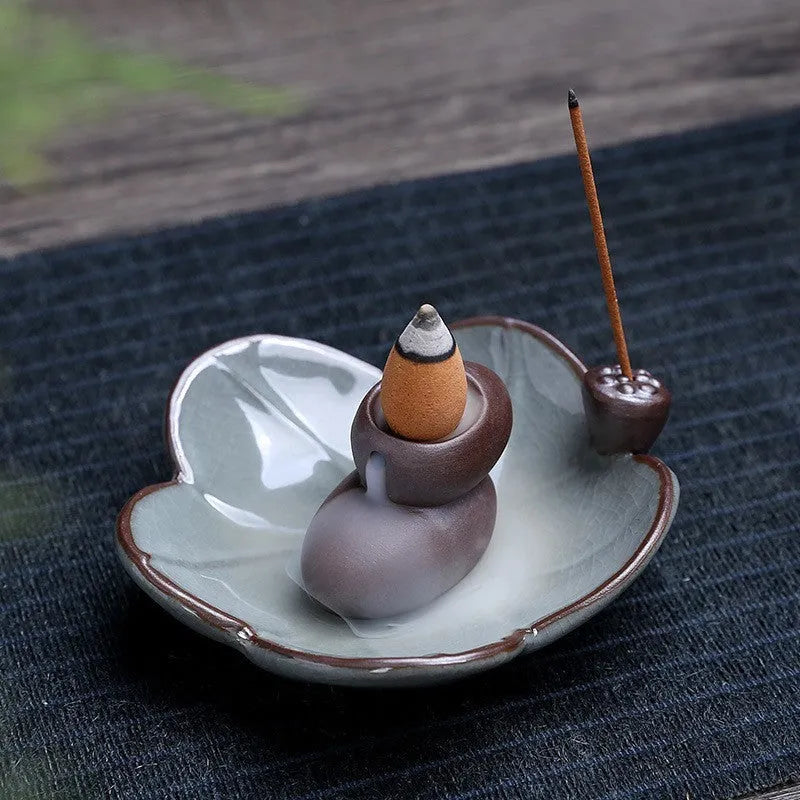 Purple clay ceramic incense burner with reverse flow design and crystal glaze decorations