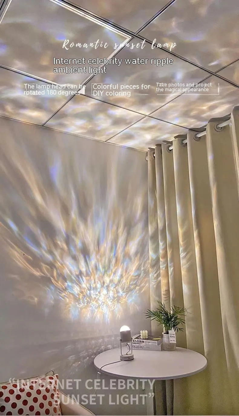 Dynamic water ripple ambience table lamp with light projection for ceiling or desktop use