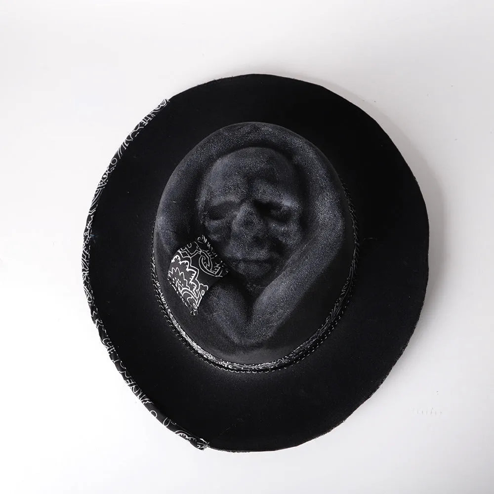 Handmade wool felt denim skull hat with conical crown for Halloween costume events