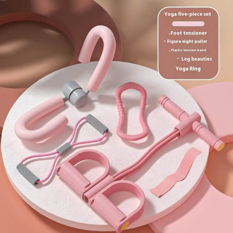 Yoga four piece fitness set showing leg stretcher, yoga ring, pedal device and tension rope