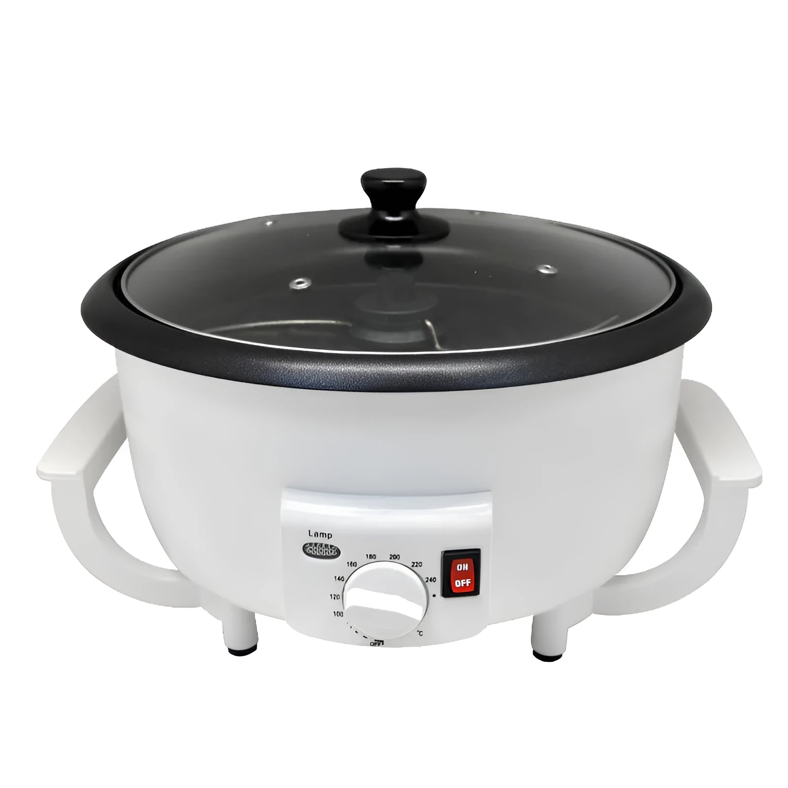 White oblate coffee bean roasting machine with 225mm pot bottom for 750g batch capacity
