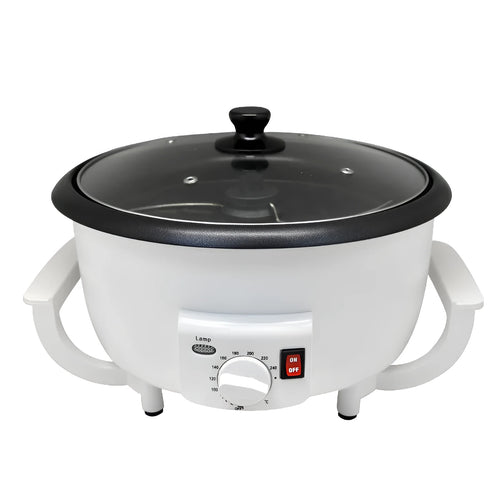 White oblate coffee bean roasting machine with 225mm pot bottom for 750g batch capacity