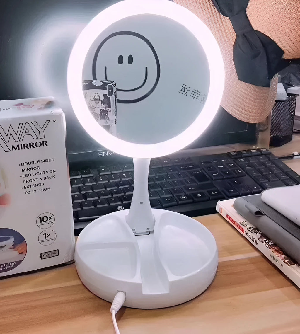 White foldable LED vanity mirror with double-sided magnification and USB charging port