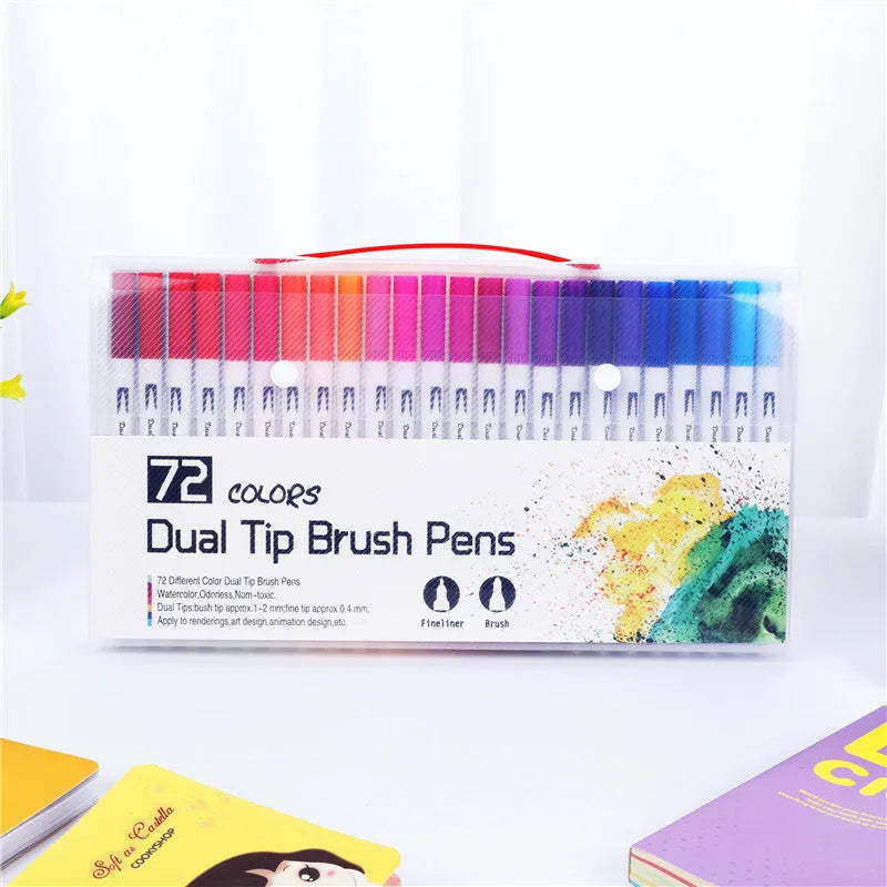 Set of watercolour brush pens with plastic barrels in a case, showing multiple colour options for art and promotion.