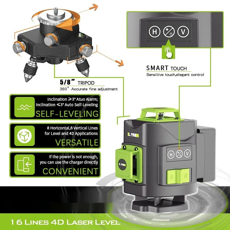 16-line 3D green laser level with aluminium and nylon construction measuring 11×13.5×13.5cm