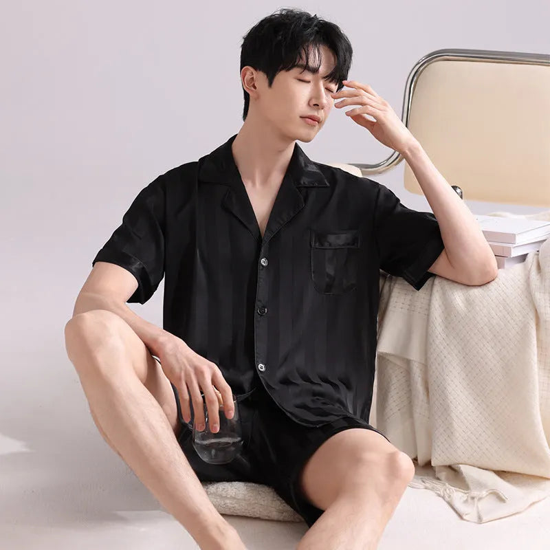 Men's ice silk cardigan and shorts pyjama set with satin jacquard pattern options