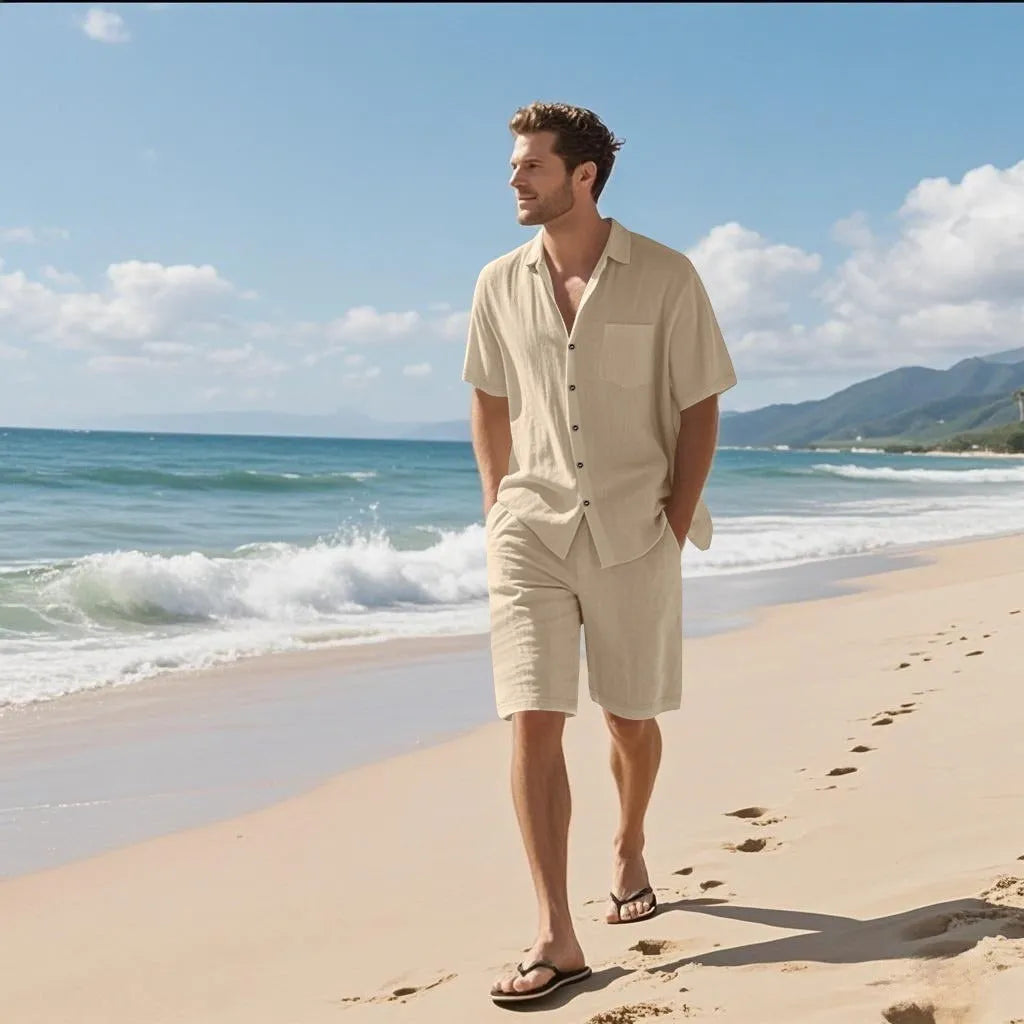 Linen and hemp blend short sleeve beach suit in light blue with matching shorts.