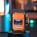 Blue Pulse Lighter showing windproof double arc, mechanical gyroscope, and Type-C charging port on a zinc alloy body.