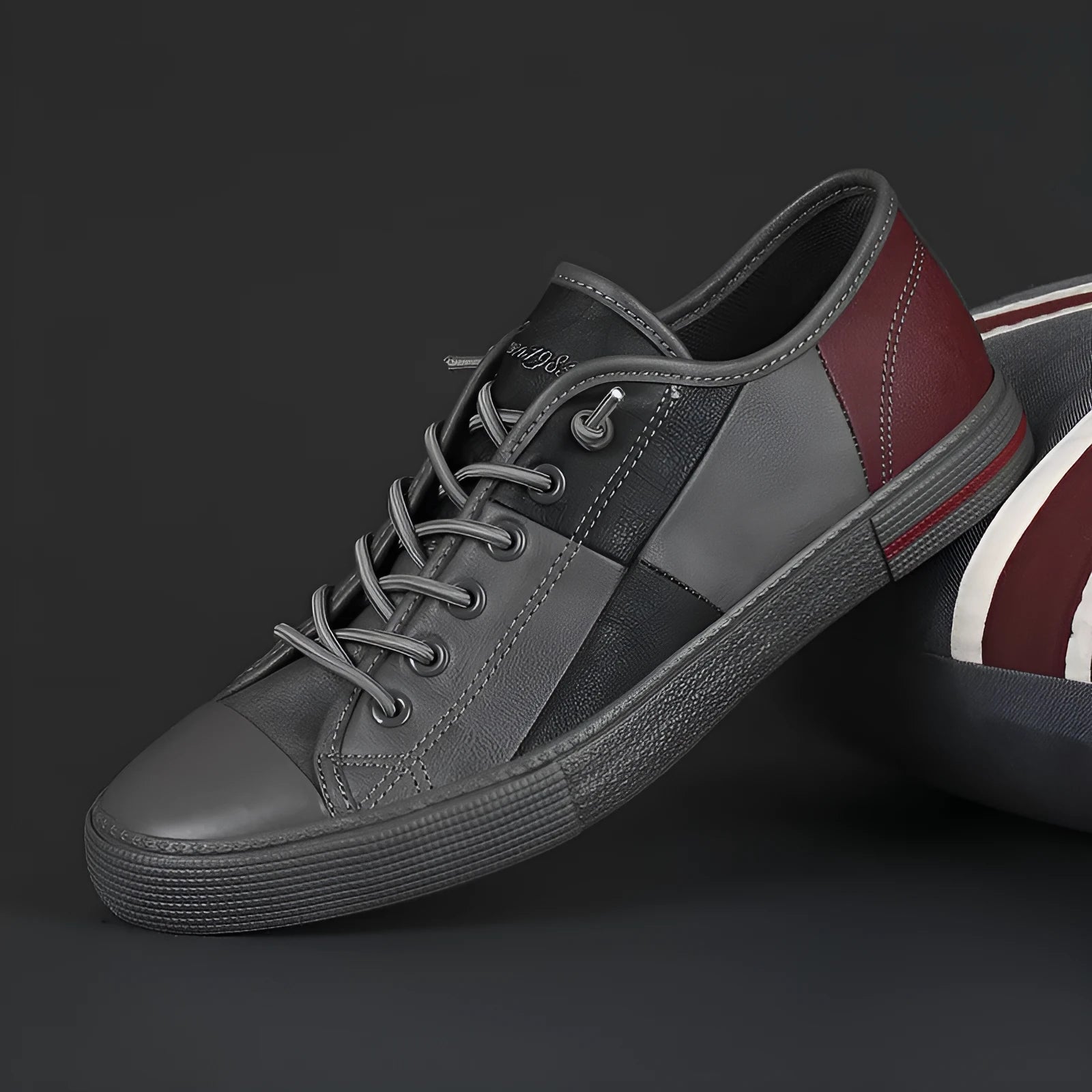 Men's round toe leather pumps with elastic band and vulcanised rubber sole in colour matching design