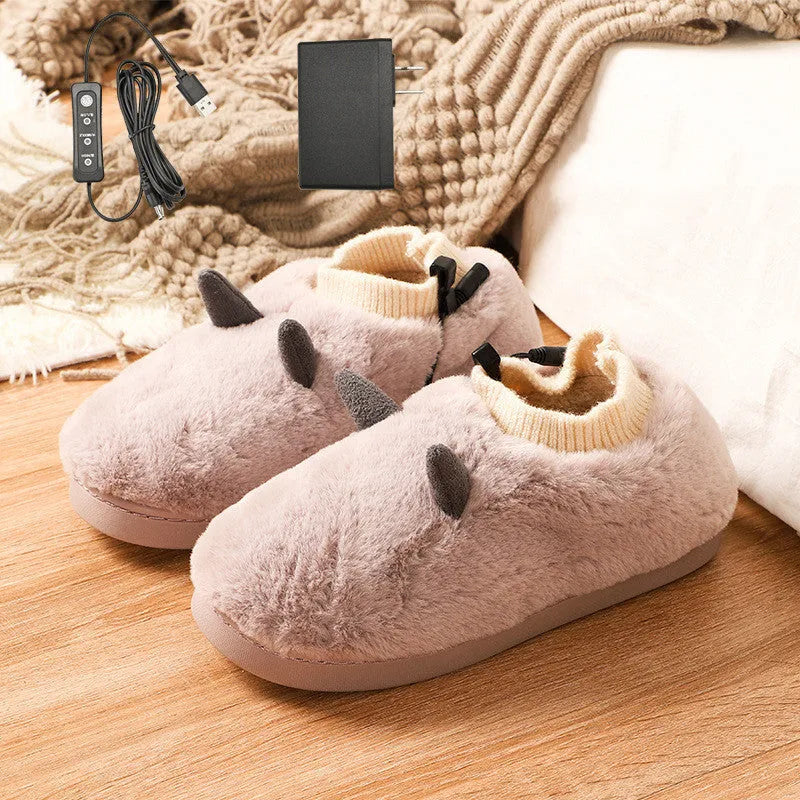 USB electric foot warmer slippers in black, grey, matcha green, and taro colours with soft velvet upper.