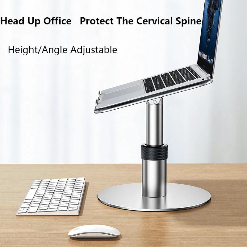 Silver adjustable aluminium alloy car laptop stand with rotating base and non-slip support plate.