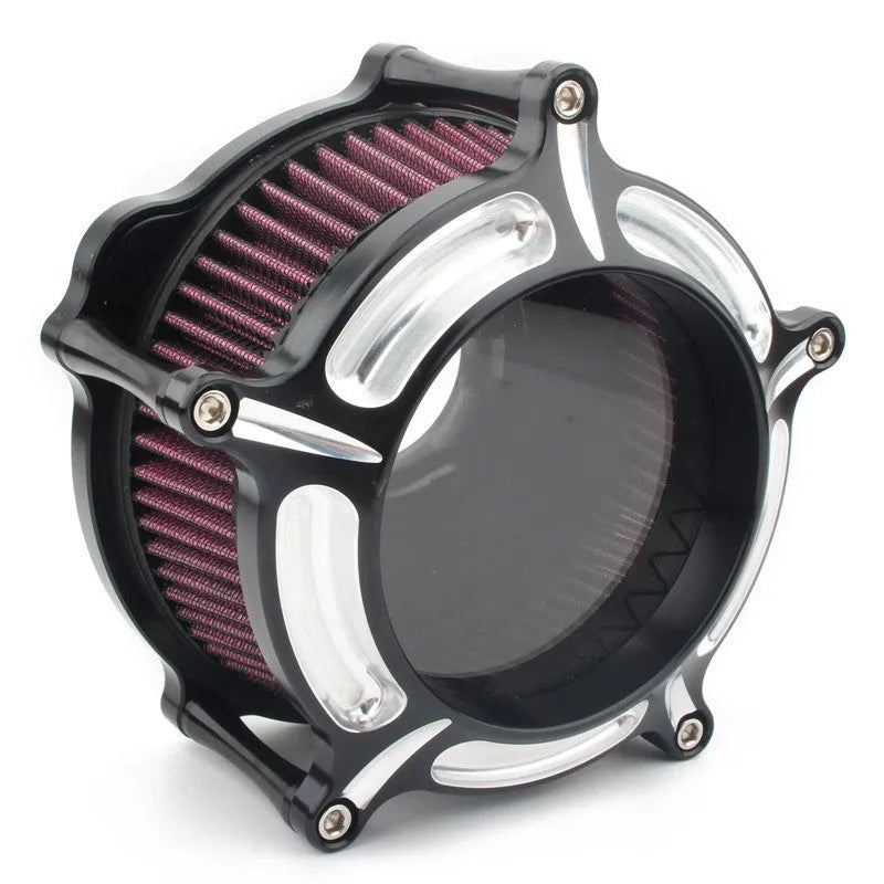 Aluminium air filter retrofit kit in red and blue electroplated finishes with suction accessories.