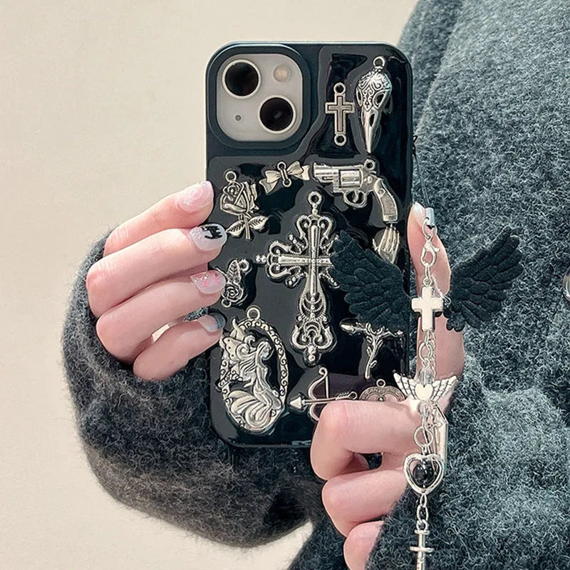 Ins retro dark wind epoxy cross phone case for iPhone showing three-dimensional cross pendant on all-inclusive protective shell