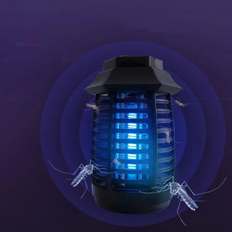 Black mosquito killer lamp with UV tube and metal grid for indoor insect control.