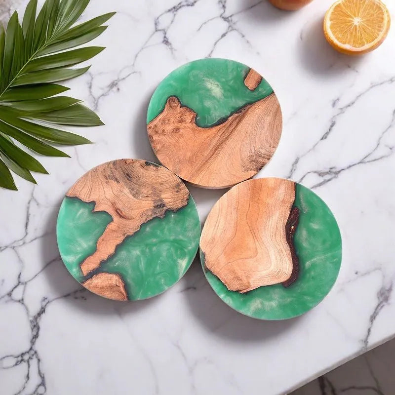 Nordic style wooden coasters in round and irregular shapes measuring 9.8cm
