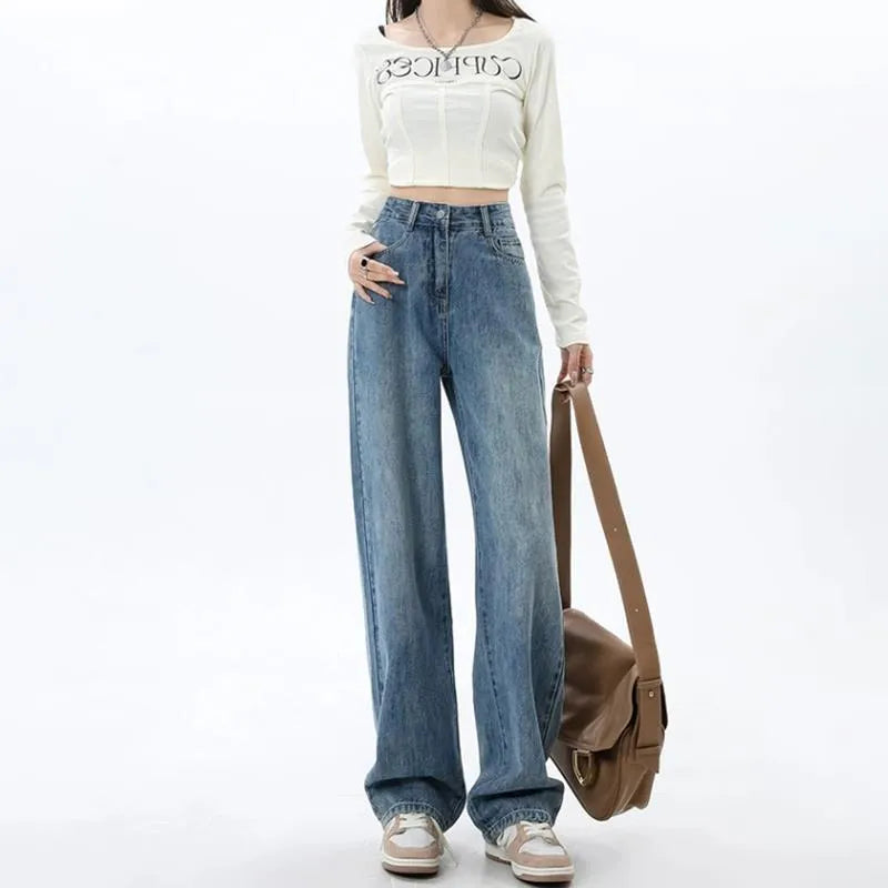 Retro blue women's wide leg jeans with high waist and straight leg styling