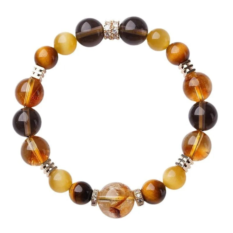 Natural yellow tiger-eye crystal bracelet in geometric tower design showing 10mm and 12mm size options