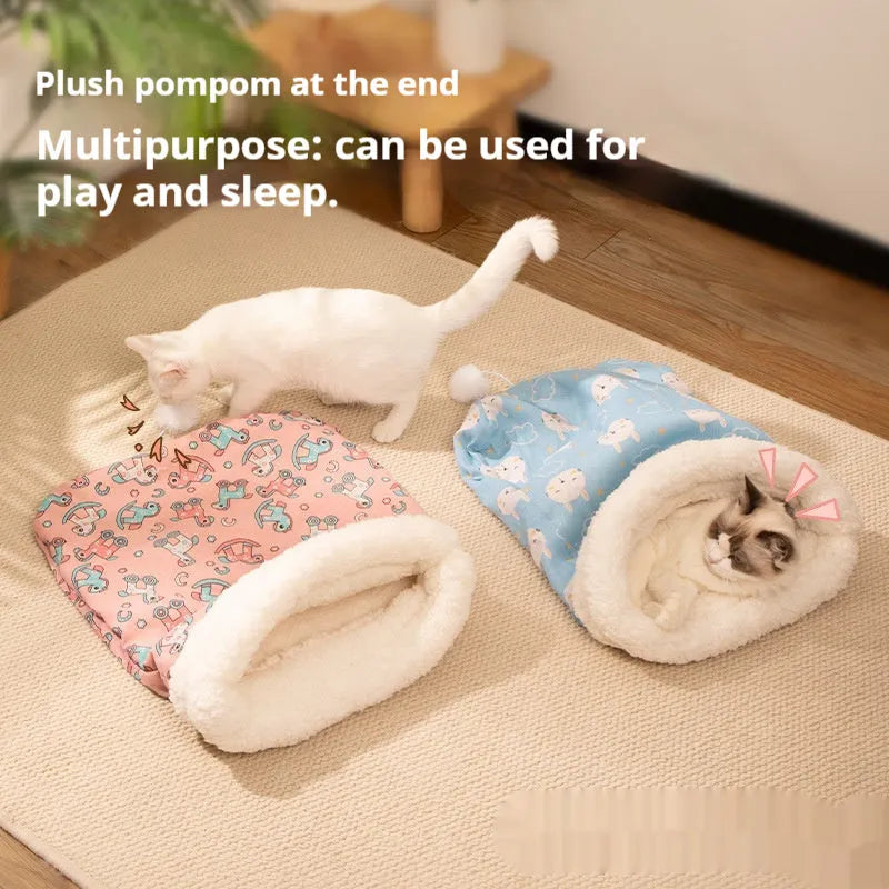 Flannel cat sleeping bag bed measuring 50 by 40 centimetres in three colour designs