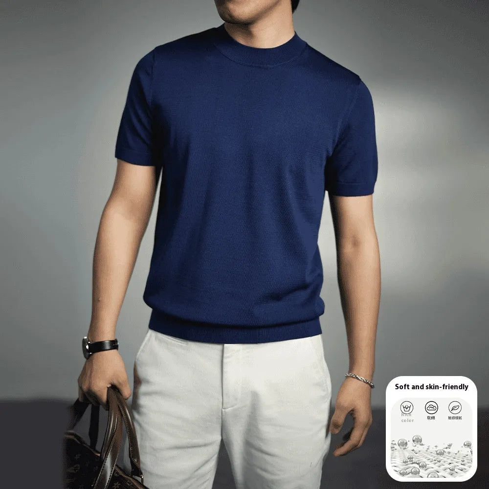 Men's knitted T-shirt with round neck and short sleeves in chemical fibre blend fabric