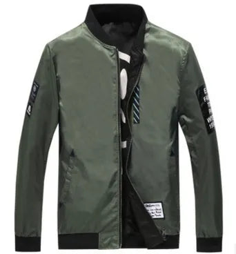 Men's reversible flight jacket showing stripe pattern on both sides, zipper closure, and no-collar design