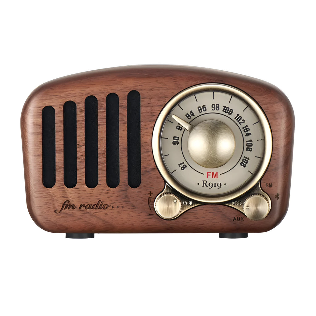 Retro wooden wireless mini speaker in natural wood finish with compact dimensions