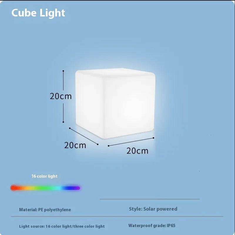 Modern white LED square cube light for outdoor garden and pathway illumination.