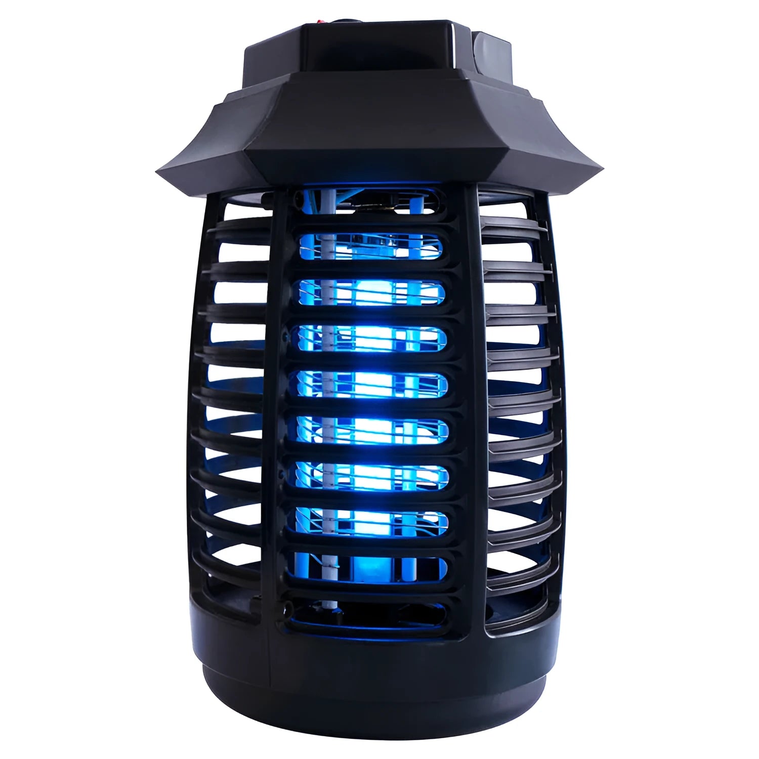 Black mosquito killer lamp with UV tube and metal grid for indoor insect control.