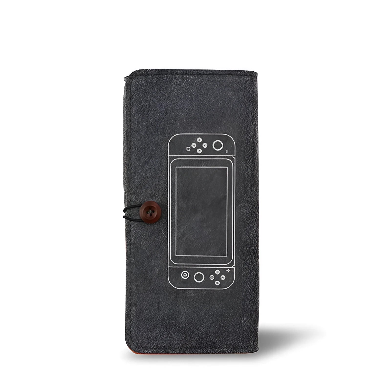 Black felt storage pouch for Nintendo Switch console with game cartridge slots open.