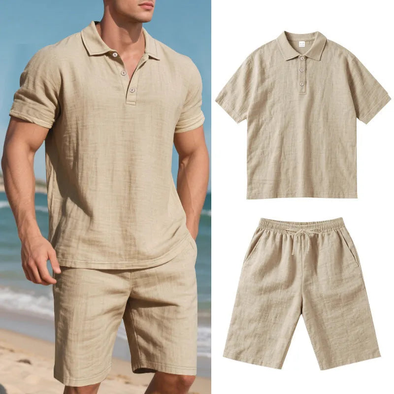 Men's loose-fit linen blend shorts suit in light blue for summer, showing short-sleeve shirt and matching shorts.