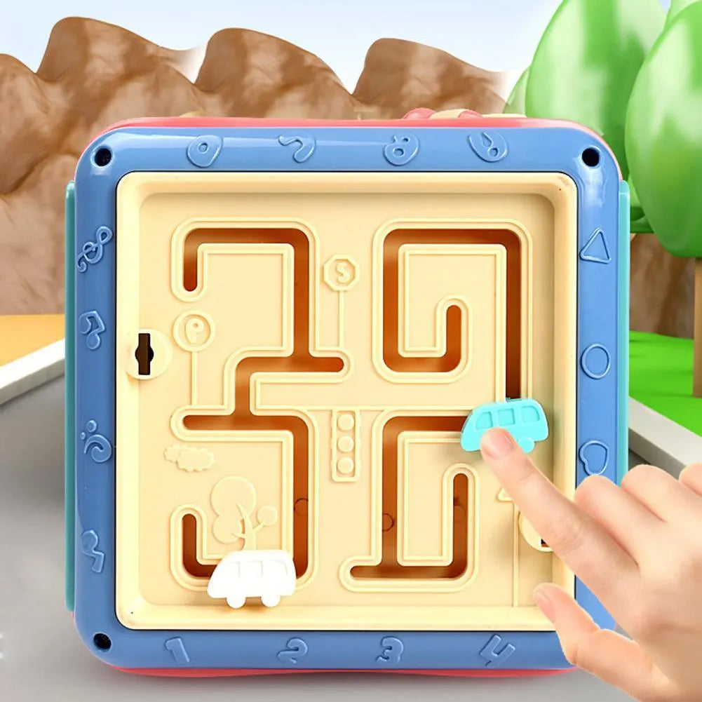 Baby educational hexahedron cube with six activity sides including bead maze and clock