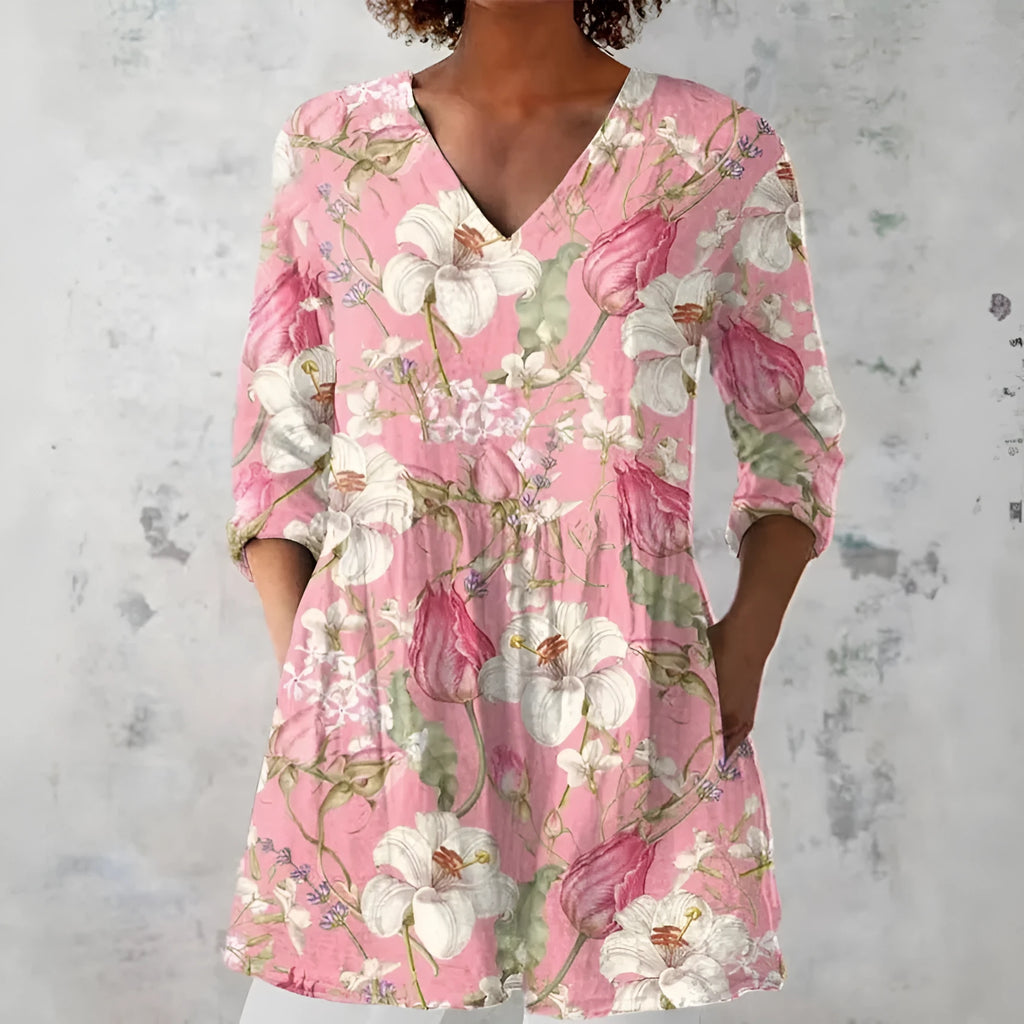 Women's retro slim fit long-sleeved top with digital printing in polyester fabric