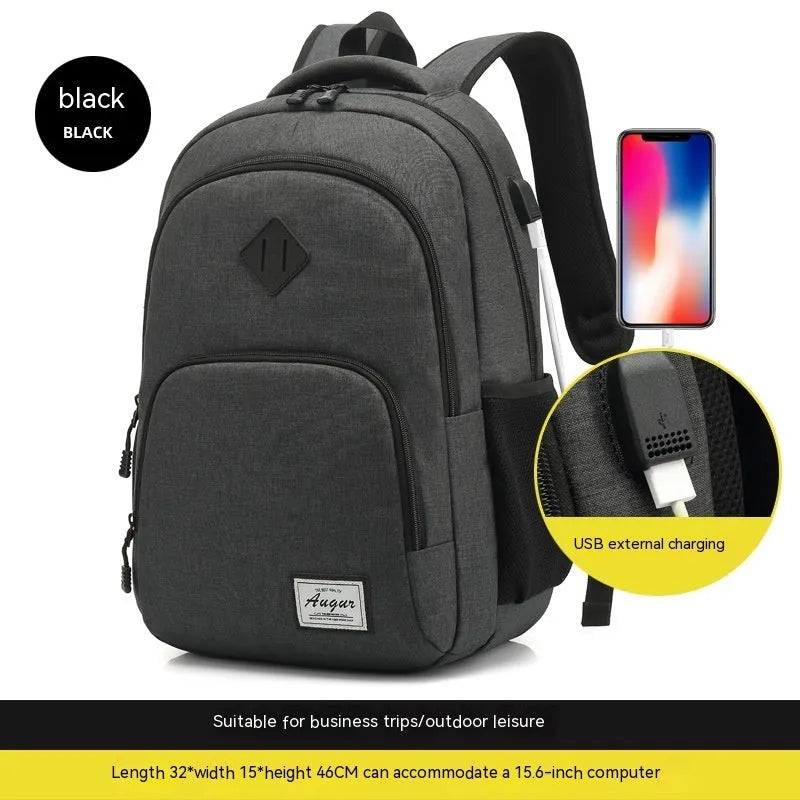 Grey nylon backpack with USB charging port showing dimensions 32cm length by 46cm height