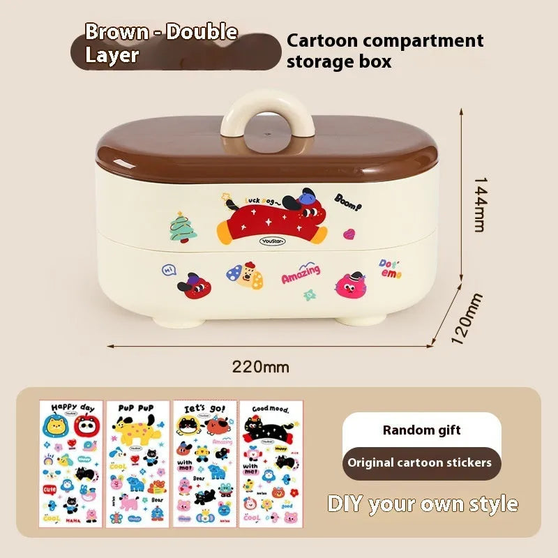 Red and brown cartoon-style plastic desktop storage organiser with grid pattern for stationery and sundries.