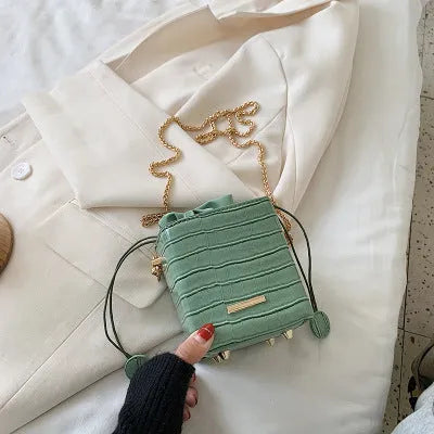 Small Korean-style chain messenger bag with drawstring closure in multiple colour options