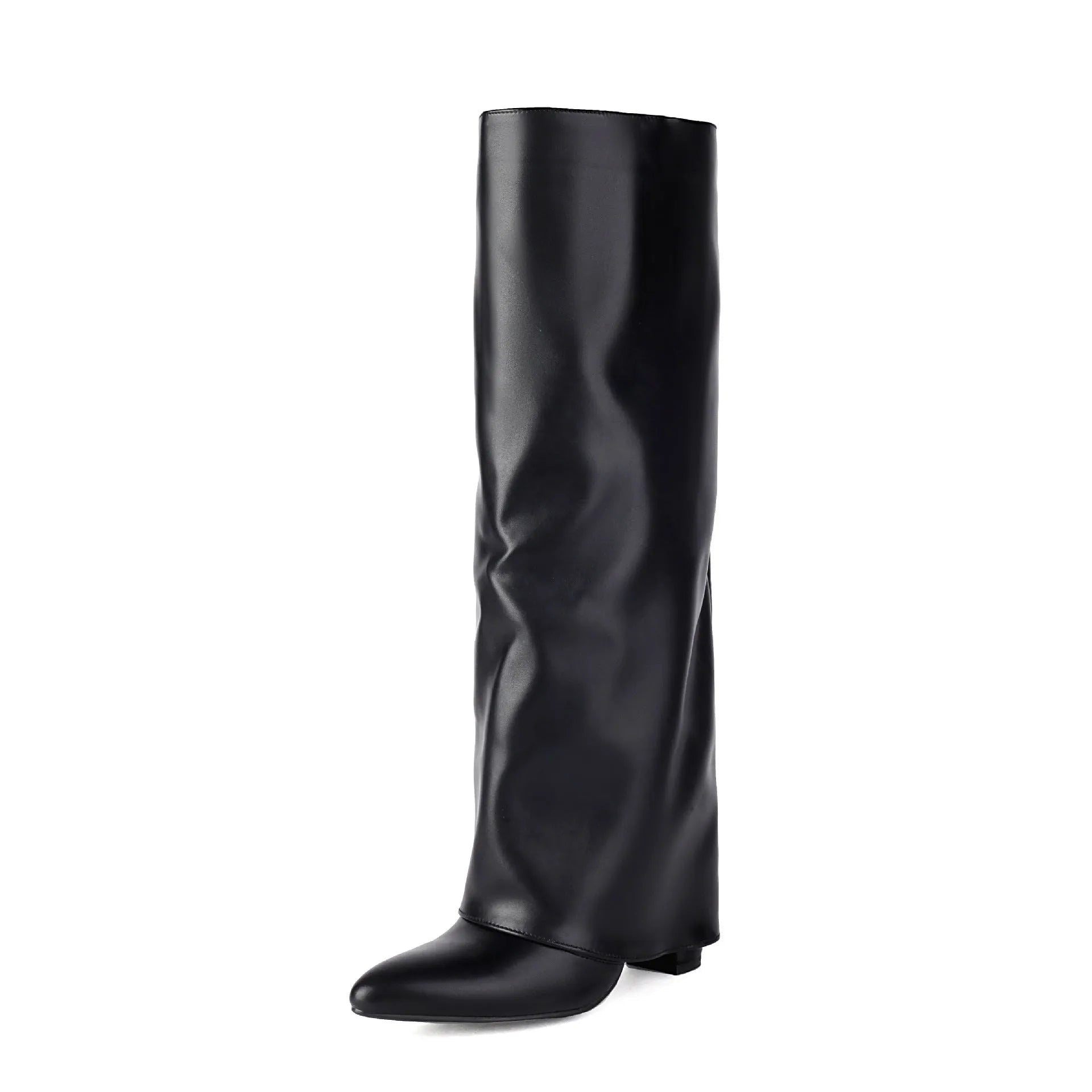 Women's plus size knee-high boots with thick block heel in black, white and pink colours