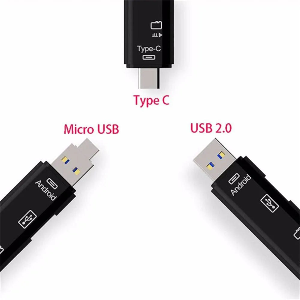 USB C to micro USB OTG hub adapter with TF card reader in black and white colour options