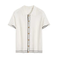 White women's cardigan with contrast lapels and short sleeves on hanger