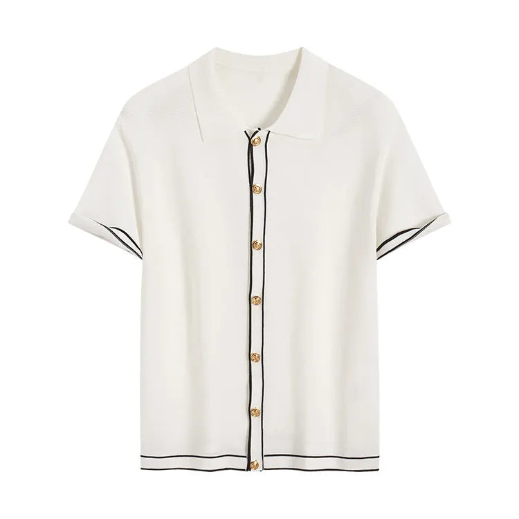 White women's cardigan with contrast lapels and short sleeves on hanger