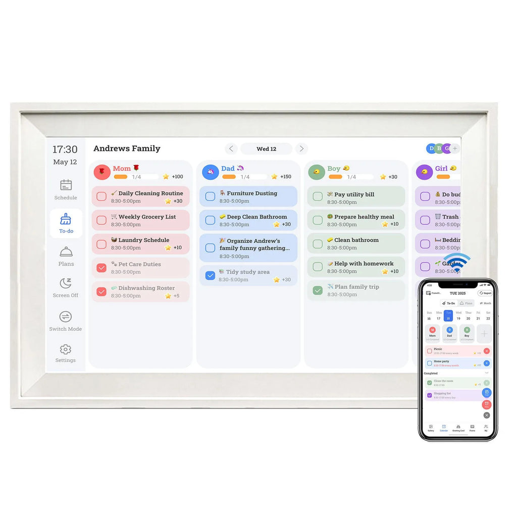 White smart digital photo frame with 15.6 inch screen on a table, showing family photos.