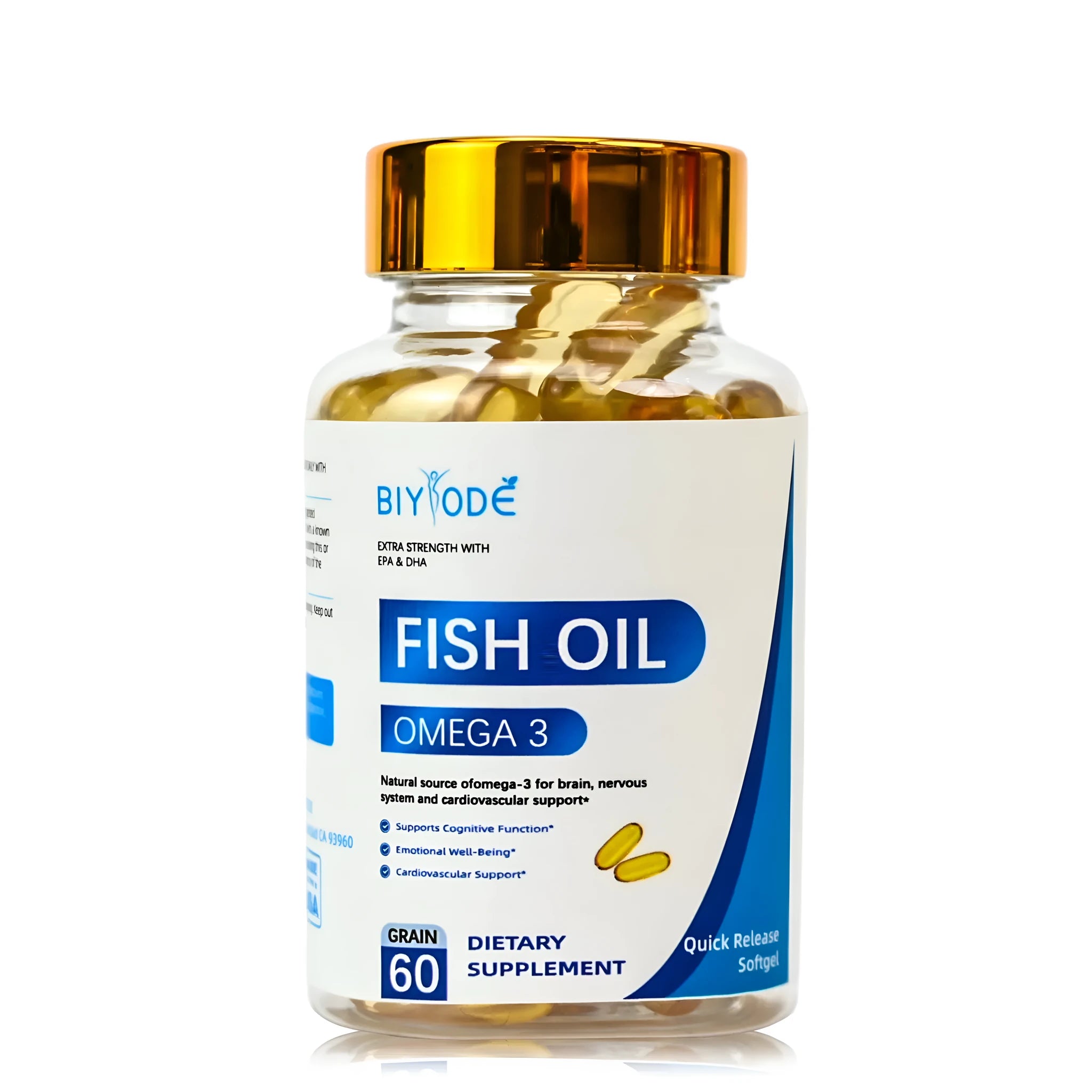Jiabeikang omega-3 fish oil softgel capsules in a bottle, 60 count, for brain and heart support