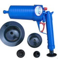Plastic high-pressure drain blaster gun with handle and four different size rubber adaptors for unblocking pipes.
