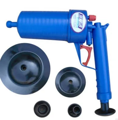 Plastic high-pressure drain blaster gun with handle and four different size rubber adaptors for unblocking pipes.