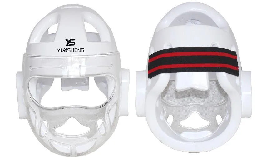 Karate boxing head protection helmet shown in white, blue, and red colour options.