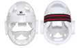 Karate boxing head protection helmet shown in white, blue, and red colour options.