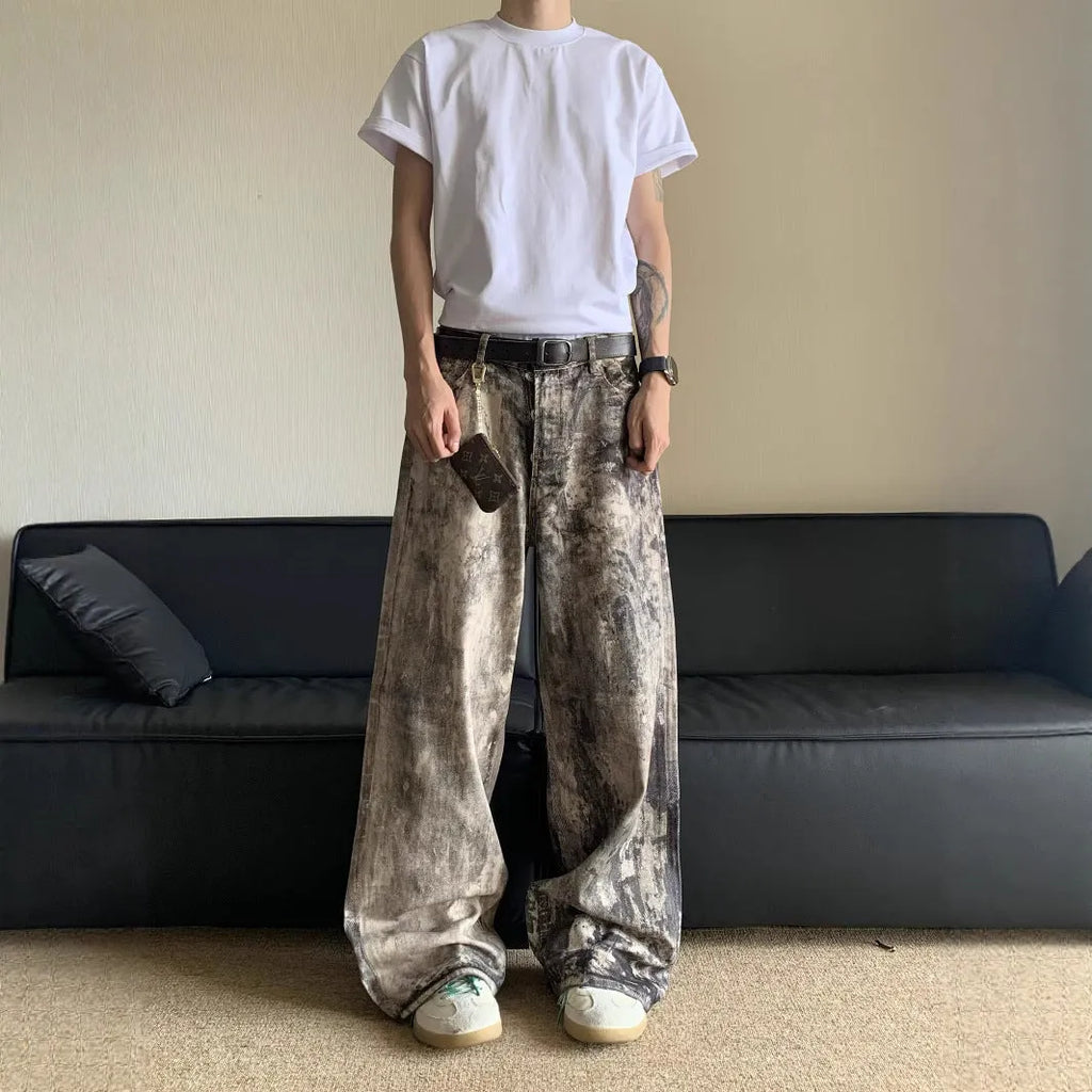 Men's yellow digital camouflage printed denim trousers straight leg casual cotton