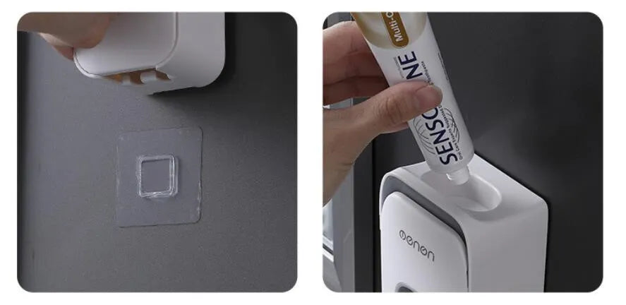 Wall-mounted automatic toothpaste dispenser in blue colour with touch sensor.