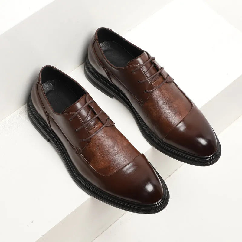 Men's pointed British style black dress shoes with rubber sole for formal wear