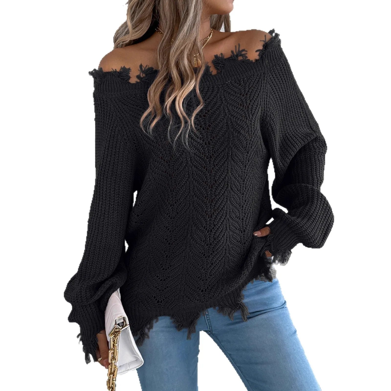 White hollow-out off-the-shoulder pullover sweater with long sleeves on model